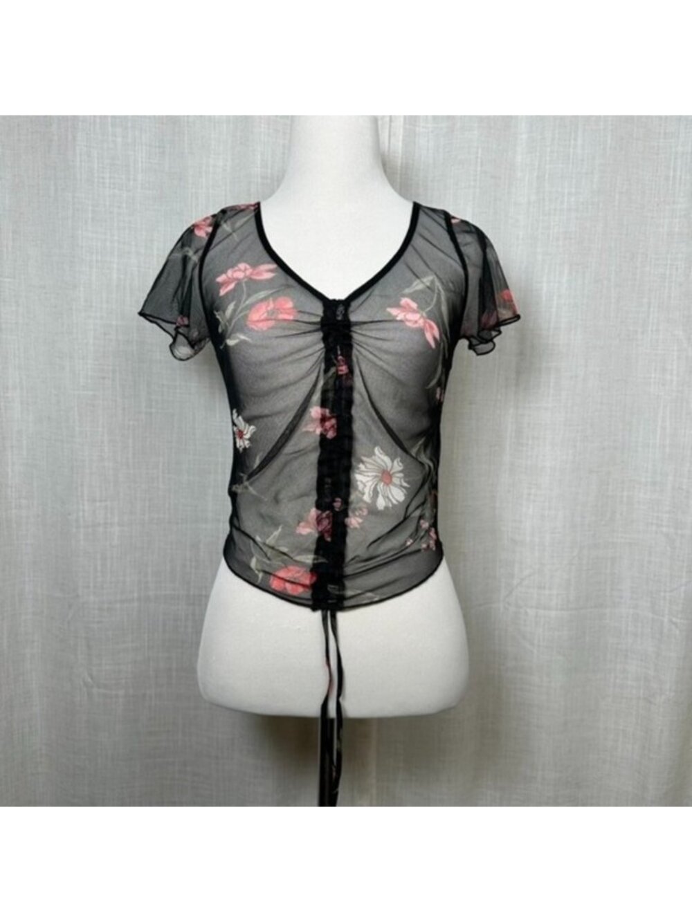 Sheer Mesh Floral Crop Top XS Black Red Cinch Tie Front Ruched Festival‎ Fairy - Picture 3 of 9